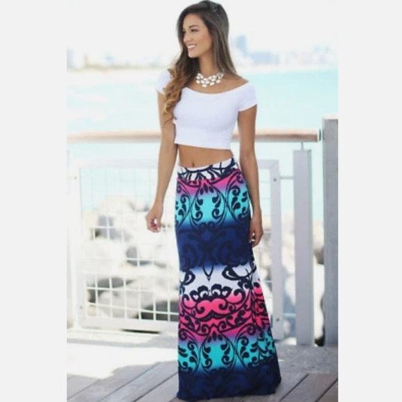 Black Stencil Ombre Stripe Boho Stretch Maxi Skirt - Picture 1 of 8